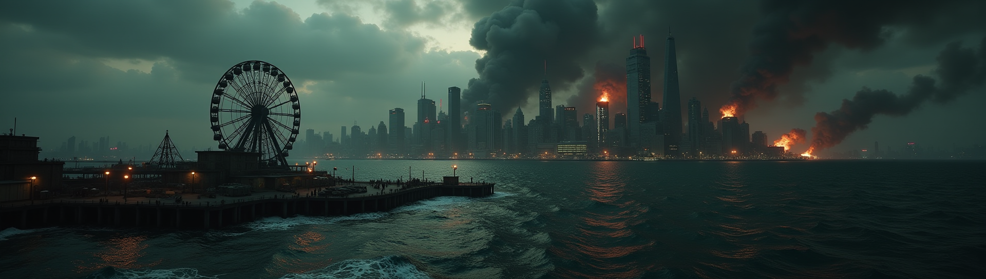 Concept art de Saprophages : océan pourpre et skyline en ruines