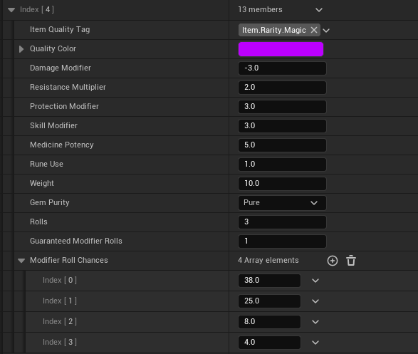 D&eacute;finition Unreal Engine de la qualit&eacute; magique avec ses statistiques et ses chances de jets de modificateurs