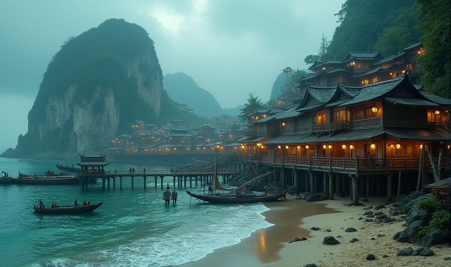 Concept art des Chroniques d'Urum : Tolimandi, la ville sur pilotis